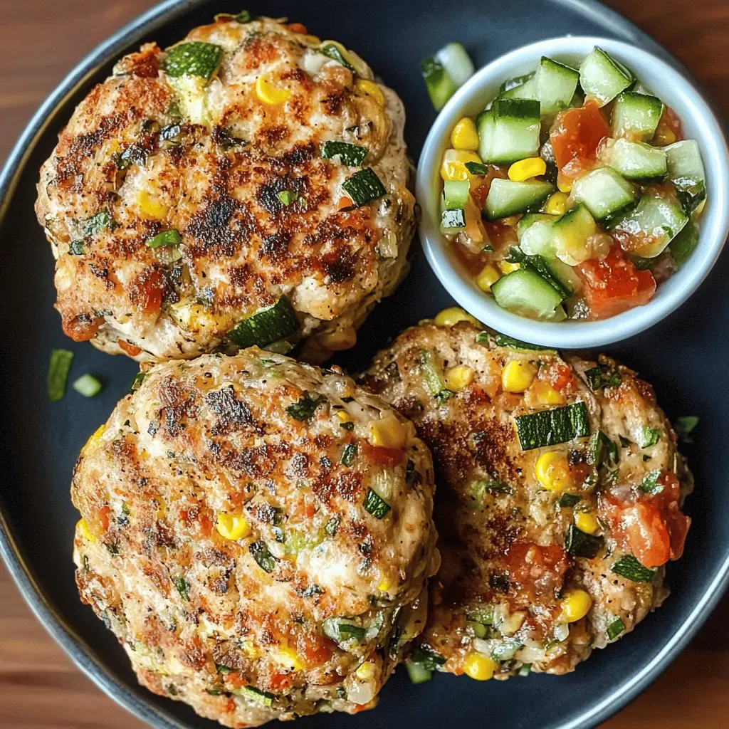 Juicy chicken burgers loaded with fresh zucchini and sweet corn make for a delightful meal! Topped with a refreshing tomato cucumber relish, these burgers are perfect for summer barbecues or a family dinner. Save this recipe to impress your loved ones at your next gathering! Enjoy a delicious and healthy alternative to traditional burgers.