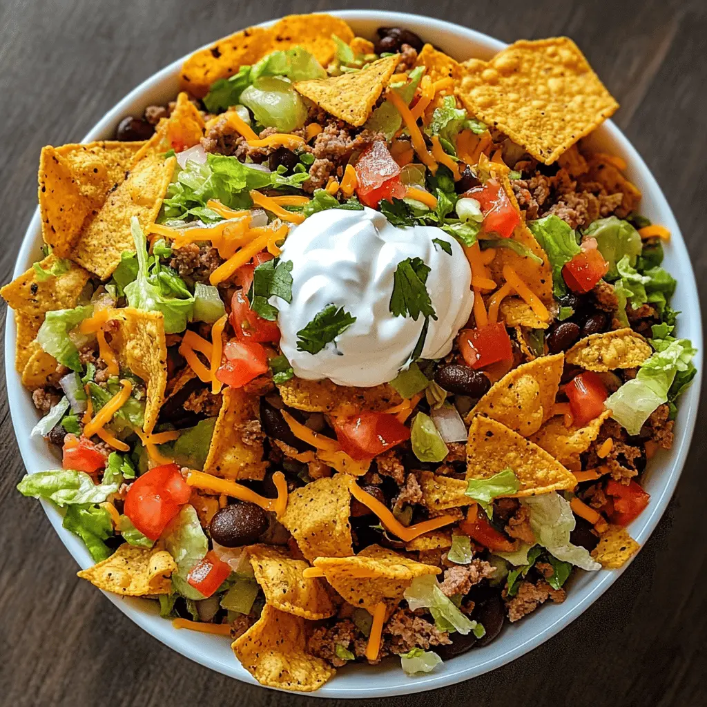 Get ready for a fun twist on taco night with this Doritos Taco Salad! Loaded with seasoned ground beef, fresh lettuce, and zesty toppings, every bite is a crunch of cheesy flavor. Perfect for parties, game days, or a quick weeknight meal. Save this recipe to bring a pop of color and taste to your next gathering!