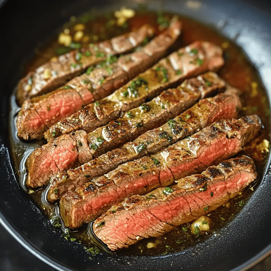 Juicy garlic butter skillet flank steak is perfect for a quick weeknight dinner or special occasions! This easy oven recipe brings out rich flavors with tender meat seared to perfection. Ideal for serving with vegetables or over rice. Save this delicious dish for your next family meal or gathering and impress your loved ones!