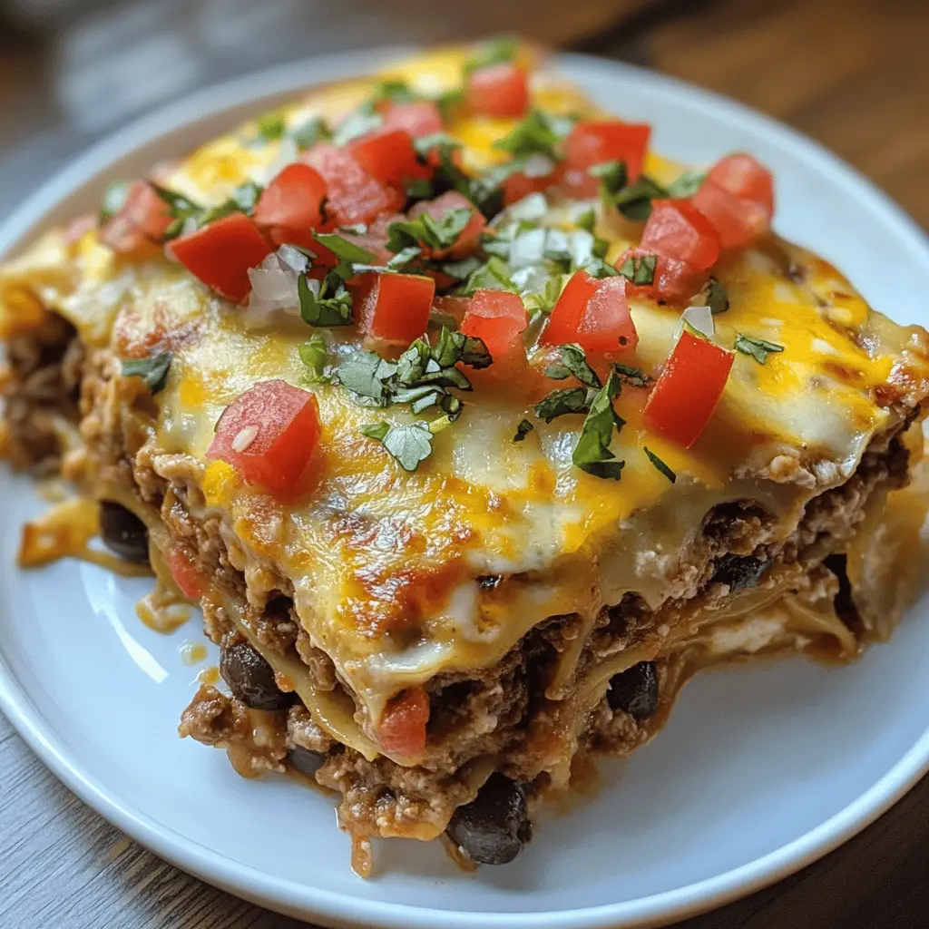 Layered with rich flavors, this Mexican Lasagna combines zesty ground beef, spicy salsa, and gooey cheese between tortillas for a mouthwatering meal. Perfect for family dinners or gatherings with friends, it's a delightful twist on classic lasagna. Save this recipe to bring a touch of Mexico to your table!