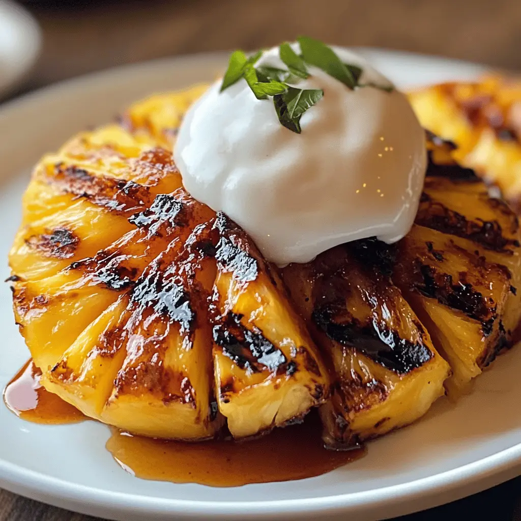 Add a tropical twist to your summer BBQ with this delicious grilled pineapple topped with a rich brown sugar rum glaze. The caramelized sweetness paired with hints of rum creates an irresistible treat that will impress your guests. Perfect for dessert or a unique side dish, don't forget to save this recipe for your next outdoor gathering!