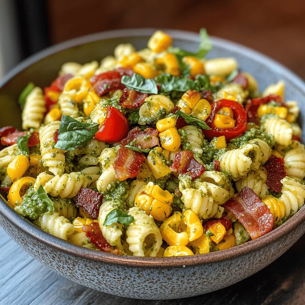 Easy Corn Pasta Salad with Bacon and Creamy Pesto