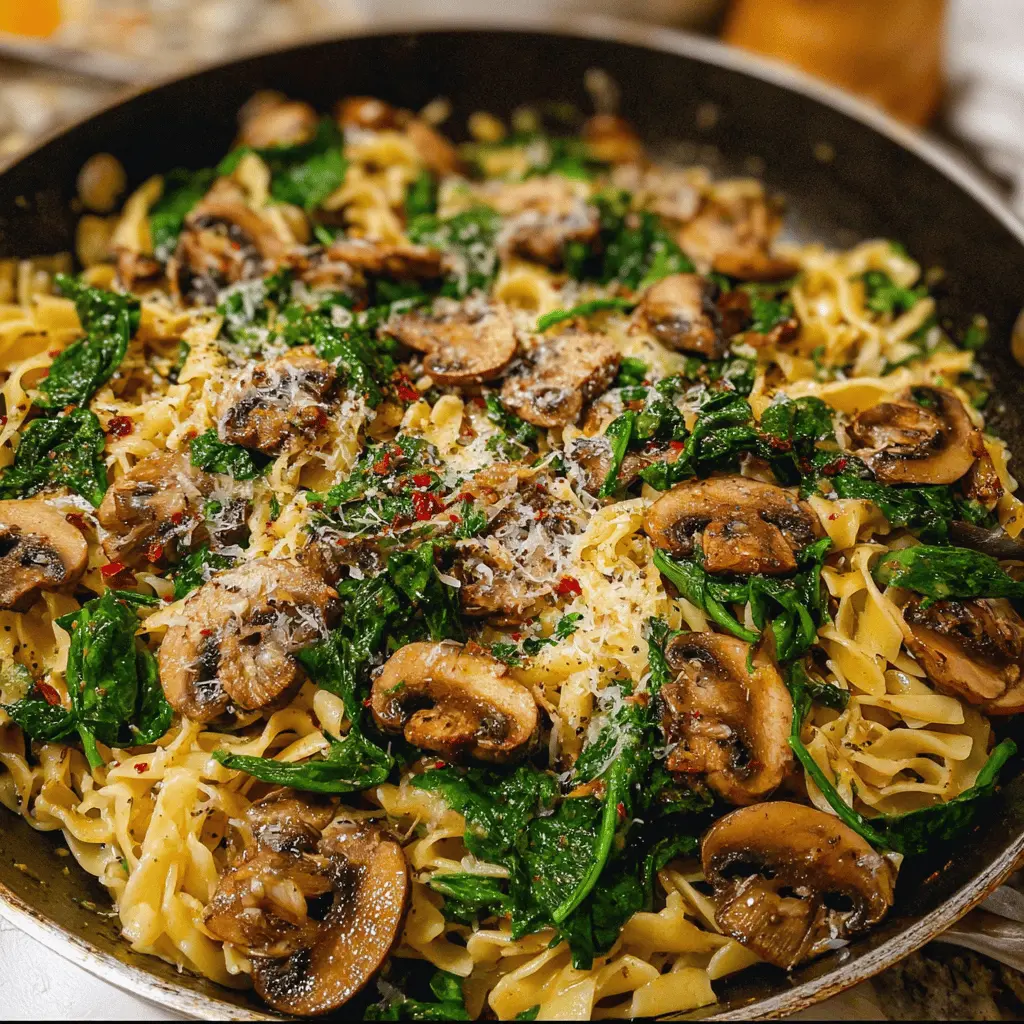 Easy Parmesan Spinach Mushroom Pasta Skillet