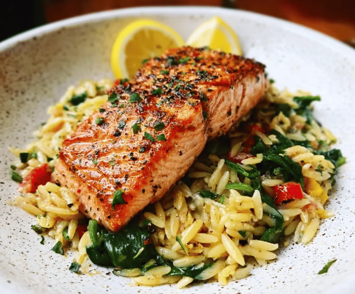 Easy One Skillet Salmon with Lemon Orzo