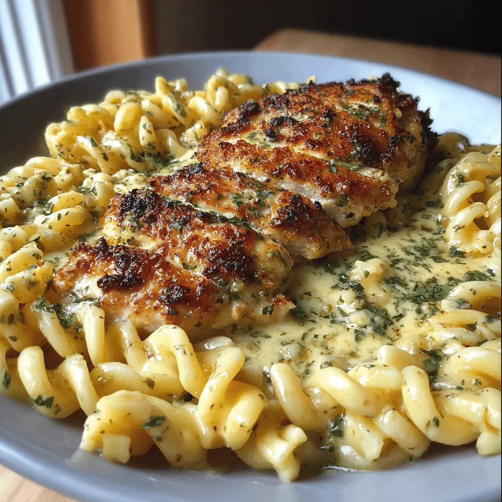 Creamy Garlic Parmesan Chicken with Cheesy Twisted Pasta