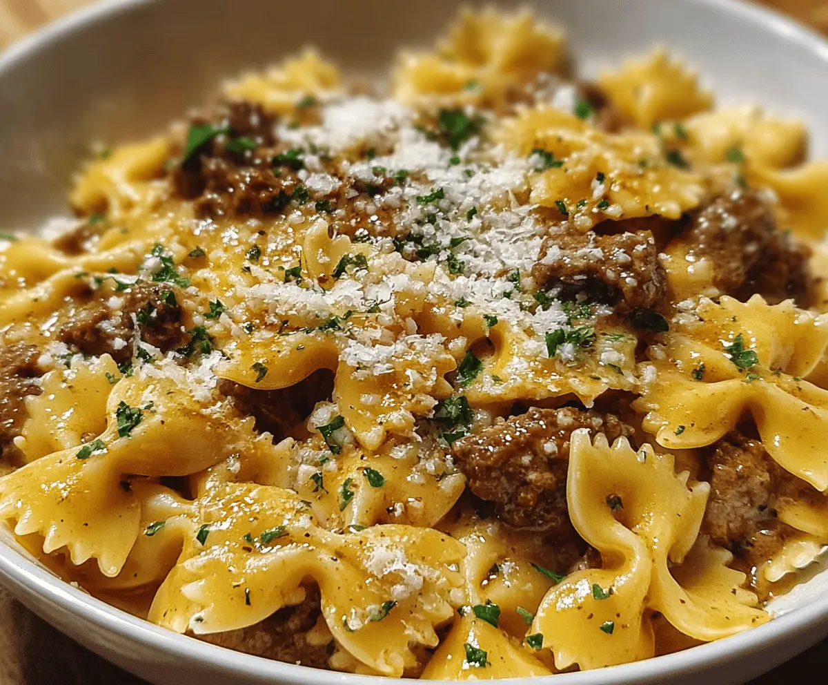 Creamy Garlic Parmesan Bowtie Pasta With Beef