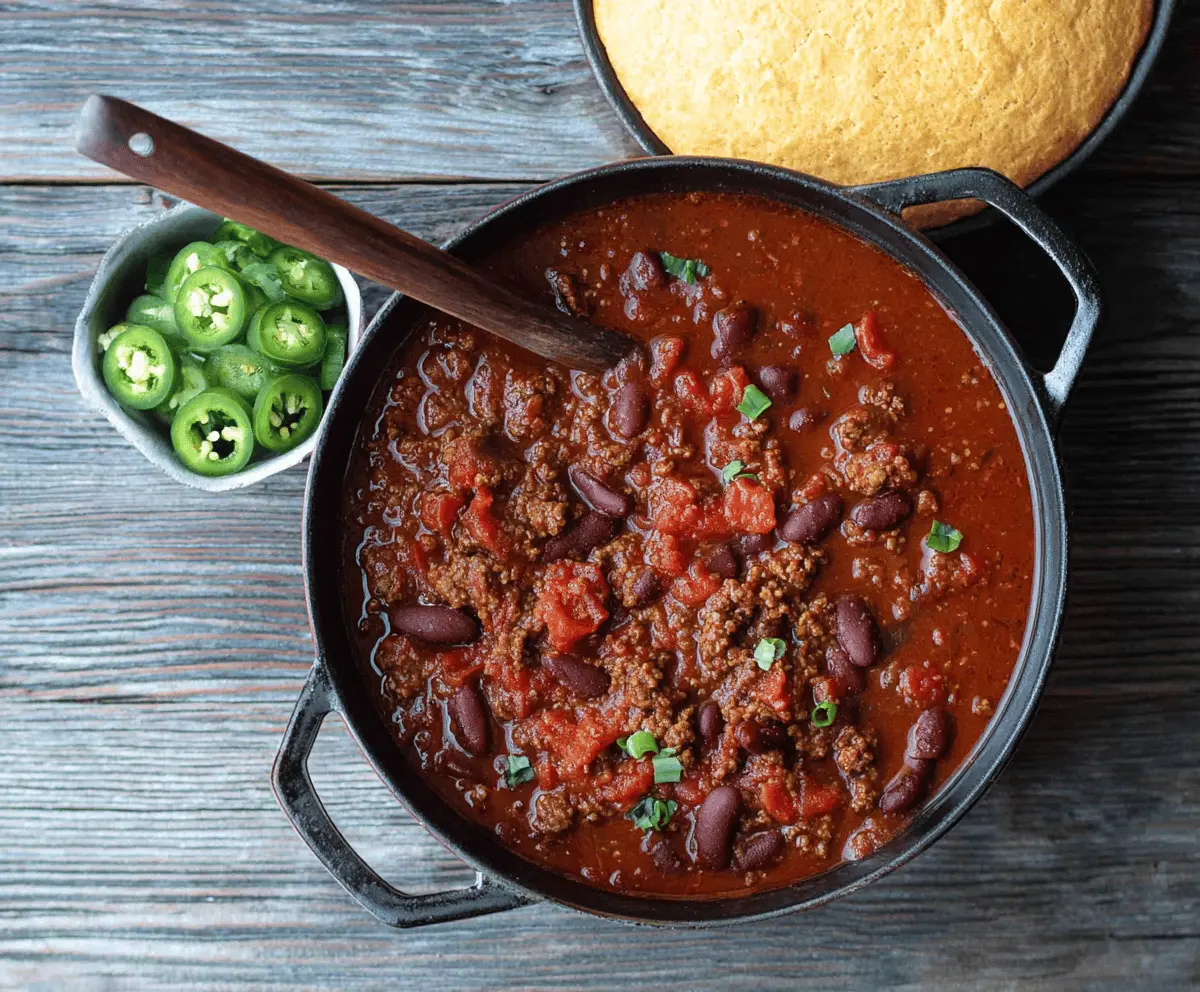 A steaming bowl of hearty 30-minute chili topped with shredded cheese and fresh cilantro, served with cornbread on the side.
