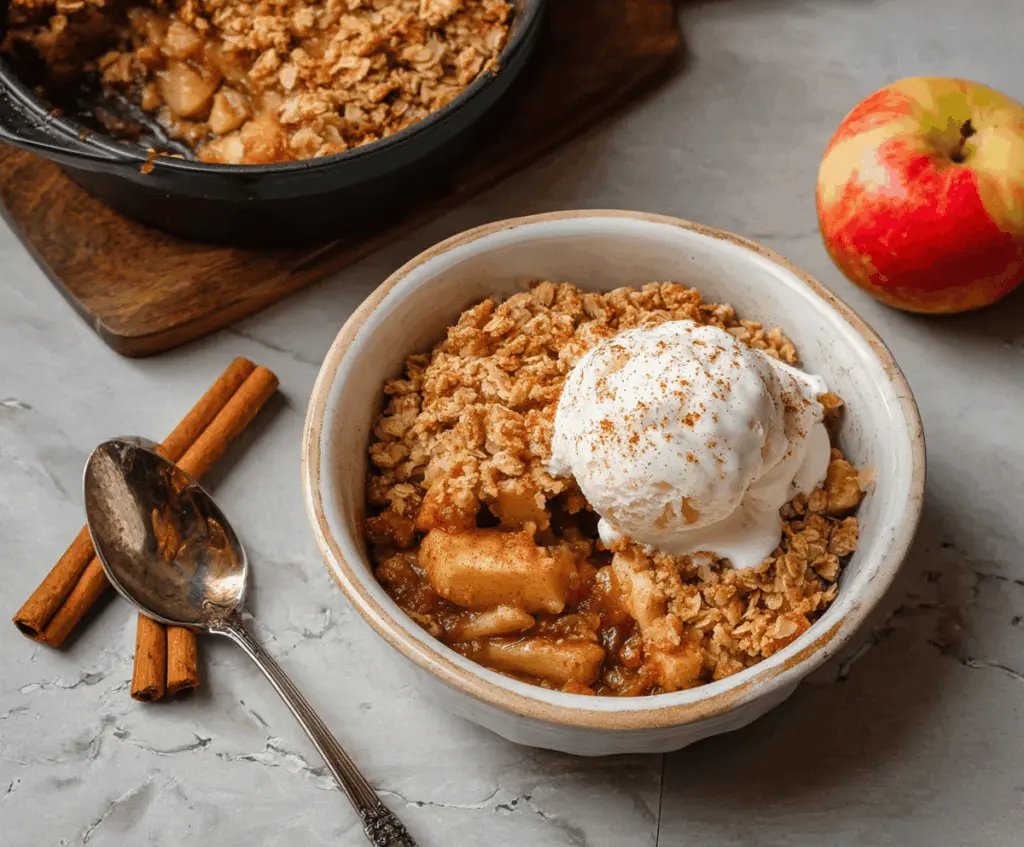 Delicious homemade Air Fryer Apple Crisp with golden-brown topping and fresh apple filling, perfect for a cozy dessert.