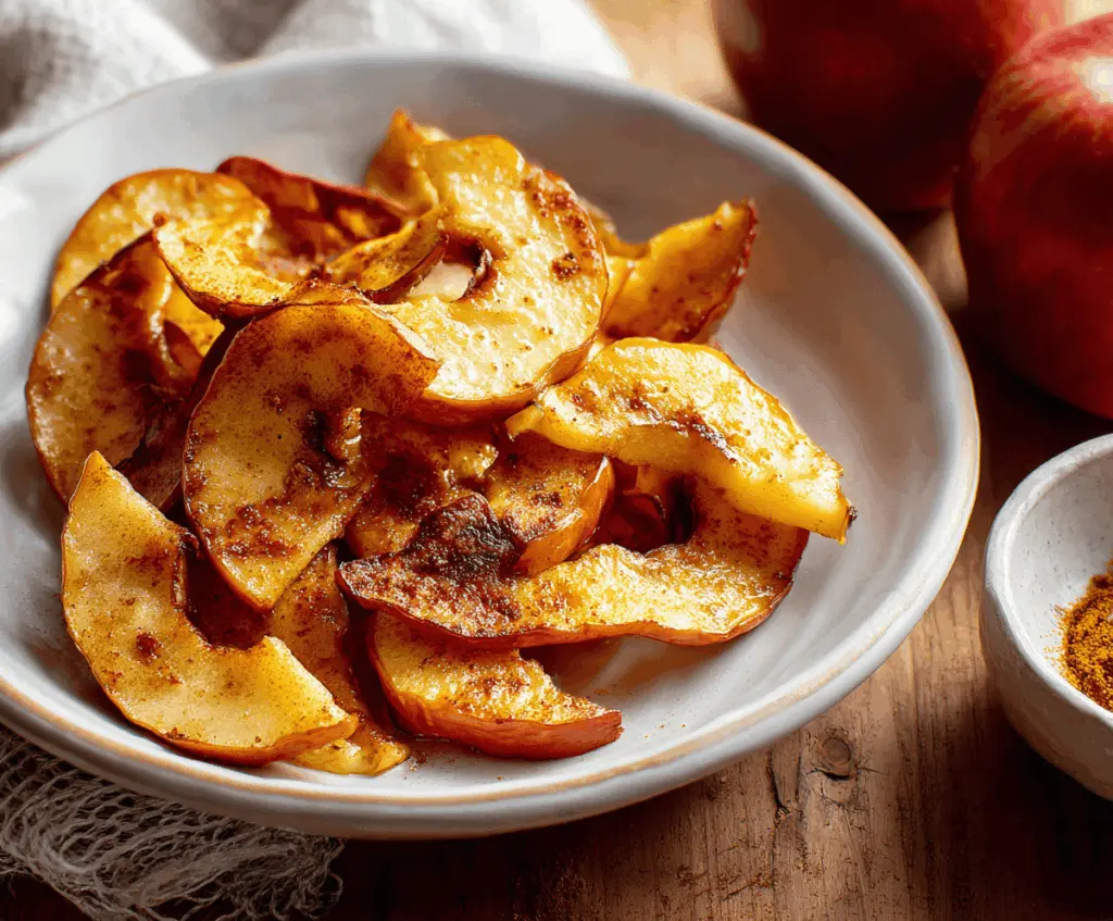 Delicious crispy air fryer apples garnished with cinnamon, ready to serve as a healthy dessert or snack