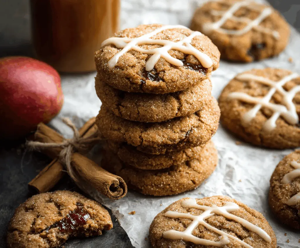 Delicious homemade apple butter cookies with a golden-brown crust and hints of cinnamon and apple flavors on a rustic wooden surface.