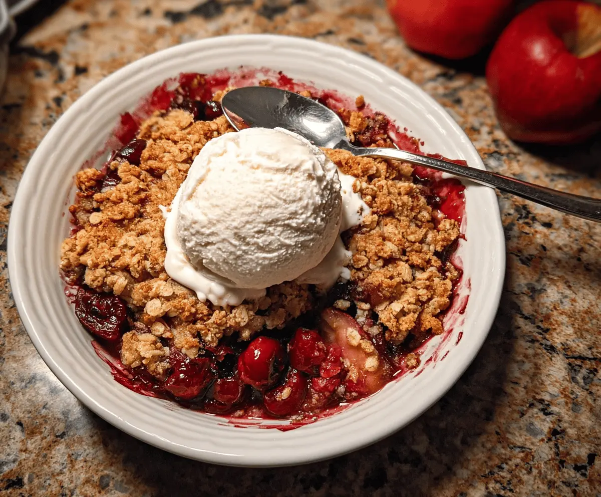 Delicious homemade Apple Cherry Crisp topped with golden, flaky crumble served in a baking dish
