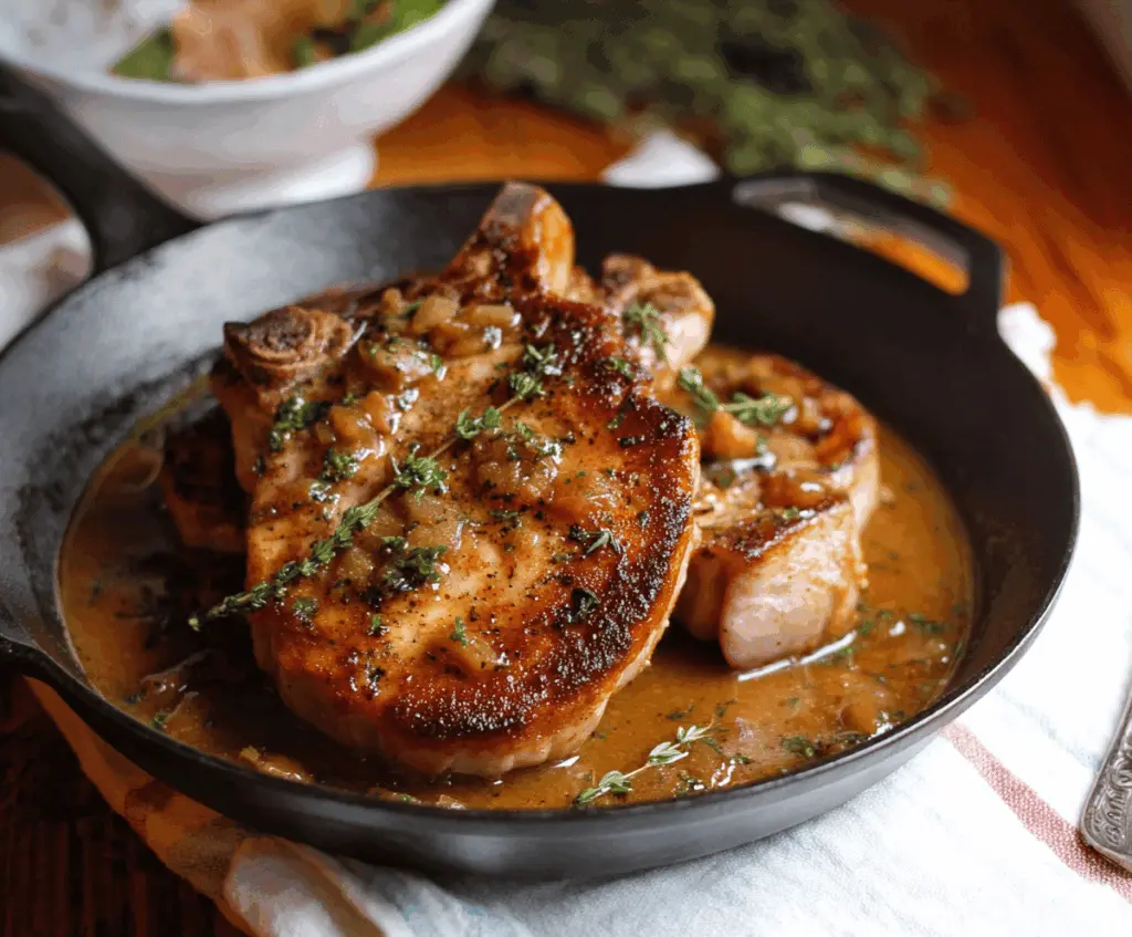 Juicy apple cider pork chops garnished with fresh herbs on a rustic wooden table, perfect for a hearty dinner.