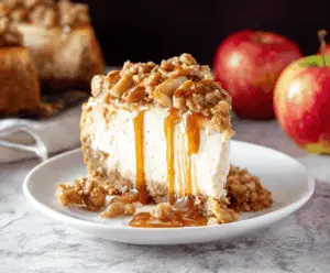 Delicious Apple Crisp Cheesecake topped with caramelized apple slices and crunchy streusel crust, served on a white plate