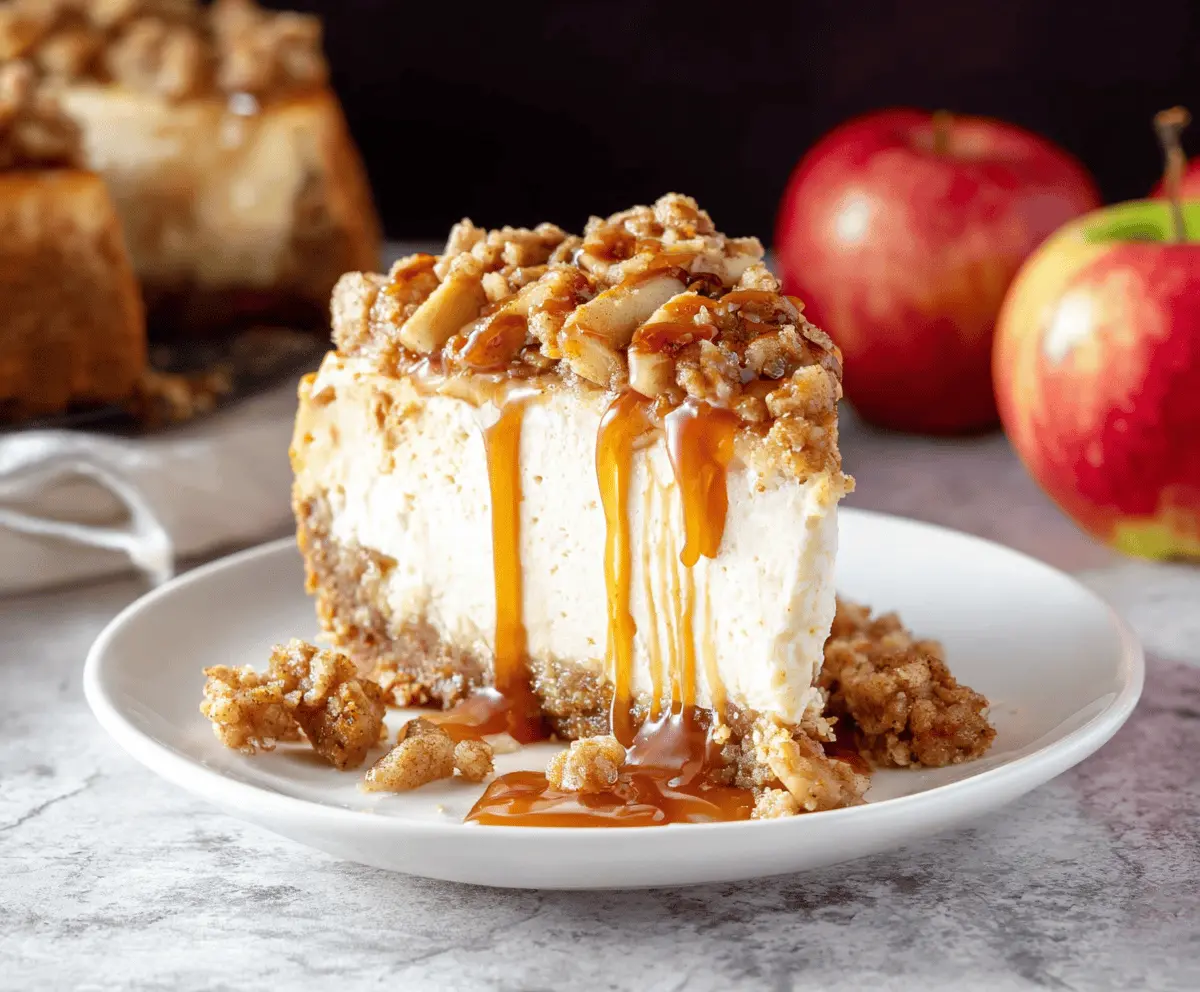Delicious Apple Crisp Cheesecake topped with caramelized apple slices and crunchy streusel crust, served on a white plate