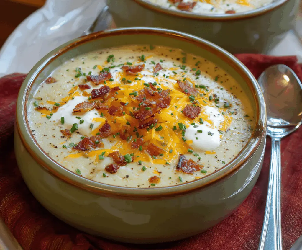 Creamy baked potato soup topped with shredded cheese, chopped green onions, and crispy bacon served in a bowl