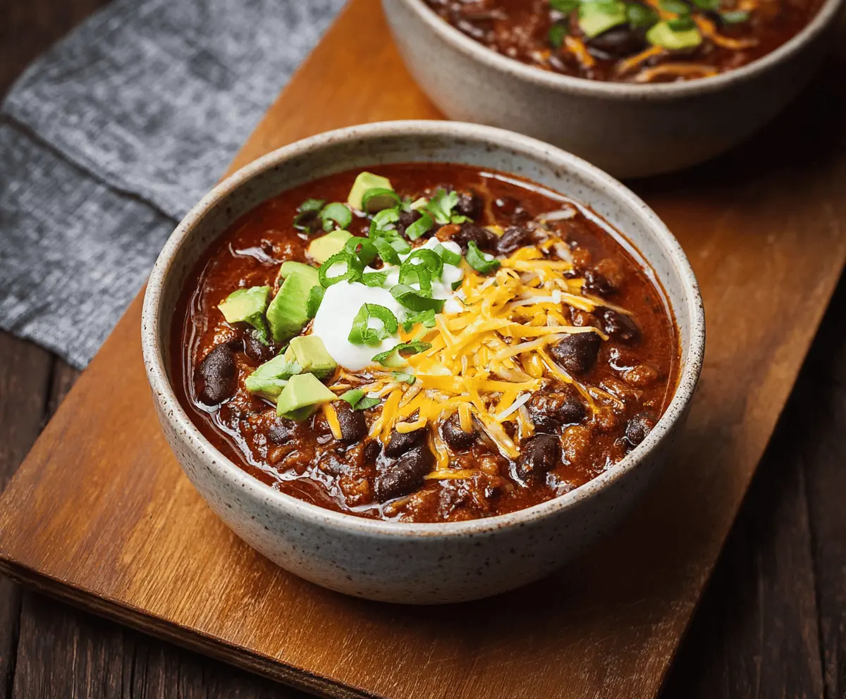 Spicy black bean chili topped with fresh cilantro and shredded cheese in a bowl, ready to serve