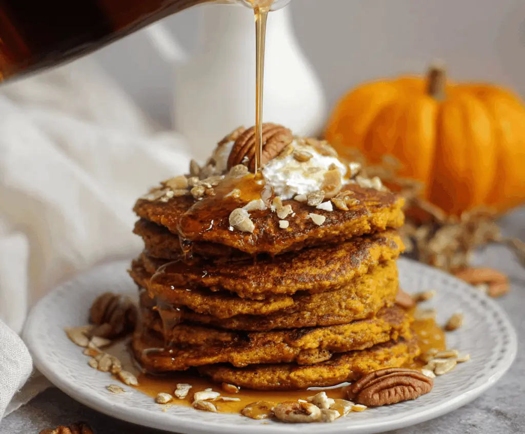 Fluffy blender pumpkin pancakes topped with syrup and cinnamon in a bowl, ready to serve for a cozy breakfast.