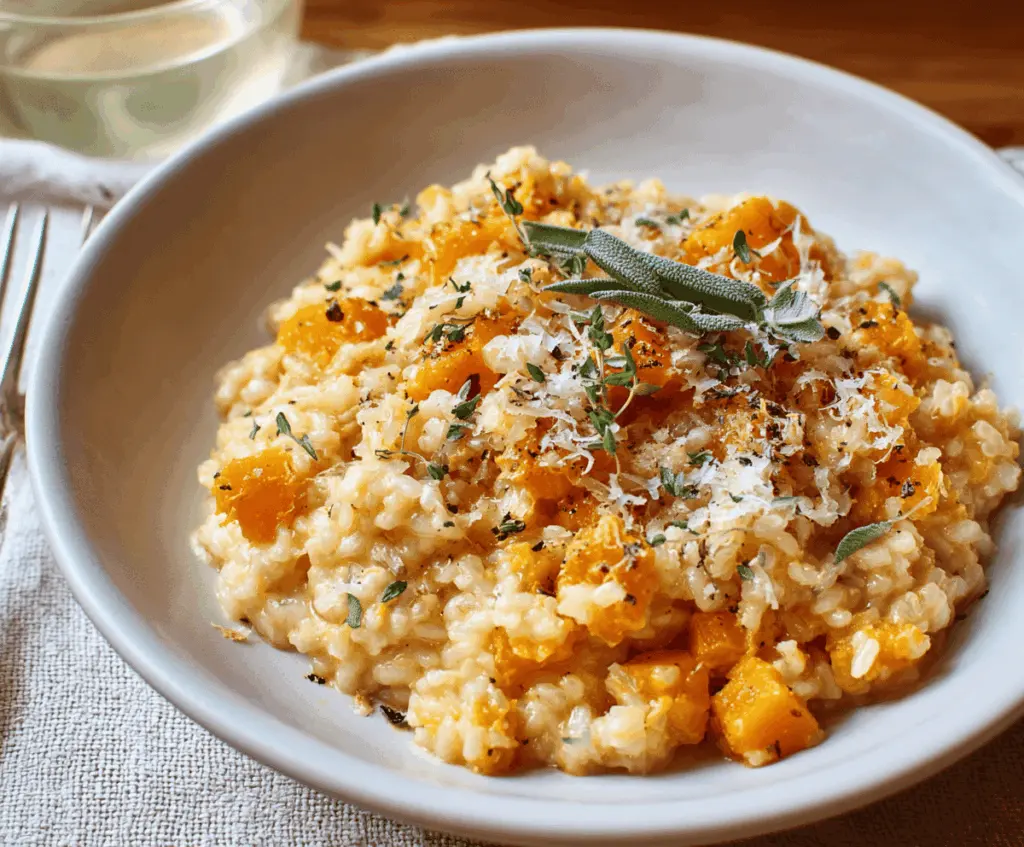 Creamy butternut squash risotto served in a white bowl, garnished with fresh herbs and grated Parmesan cheese, perfect for a comforting autumn meal.