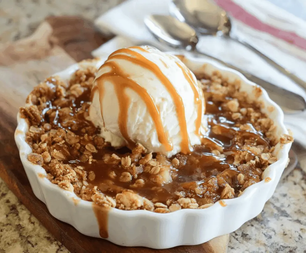 Delicious caramel apple crisp topped with golden brown crumble and drizzled with caramel sauce, served in a rustic baking dish.