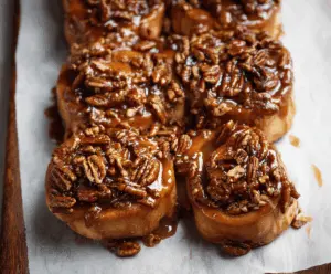 Delicious Caramel Pecan Sticky Buns topped with glossy caramel glaze and crunchy pecans, perfect for breakfast or dessert.