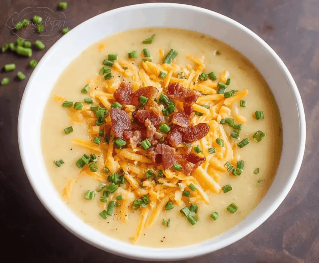 Creamy cheddar potato soup served in a bowl, garnished with shredded cheese and fresh herbs, perfect for a cozy meal.