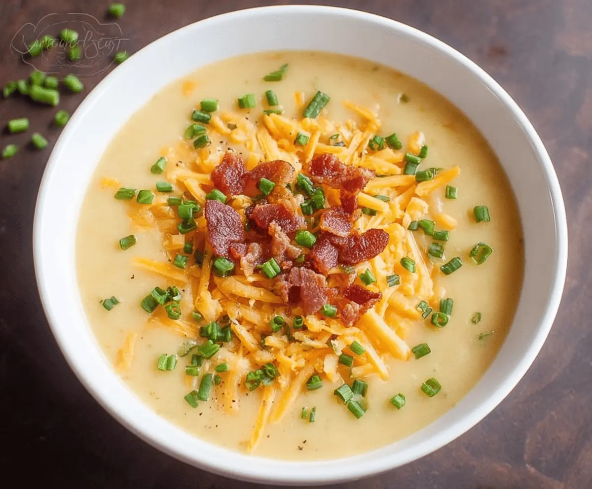 Creamy cheddar potato soup served in a bowl, garnished with shredded cheese and fresh herbs, perfect for a cozy meal.