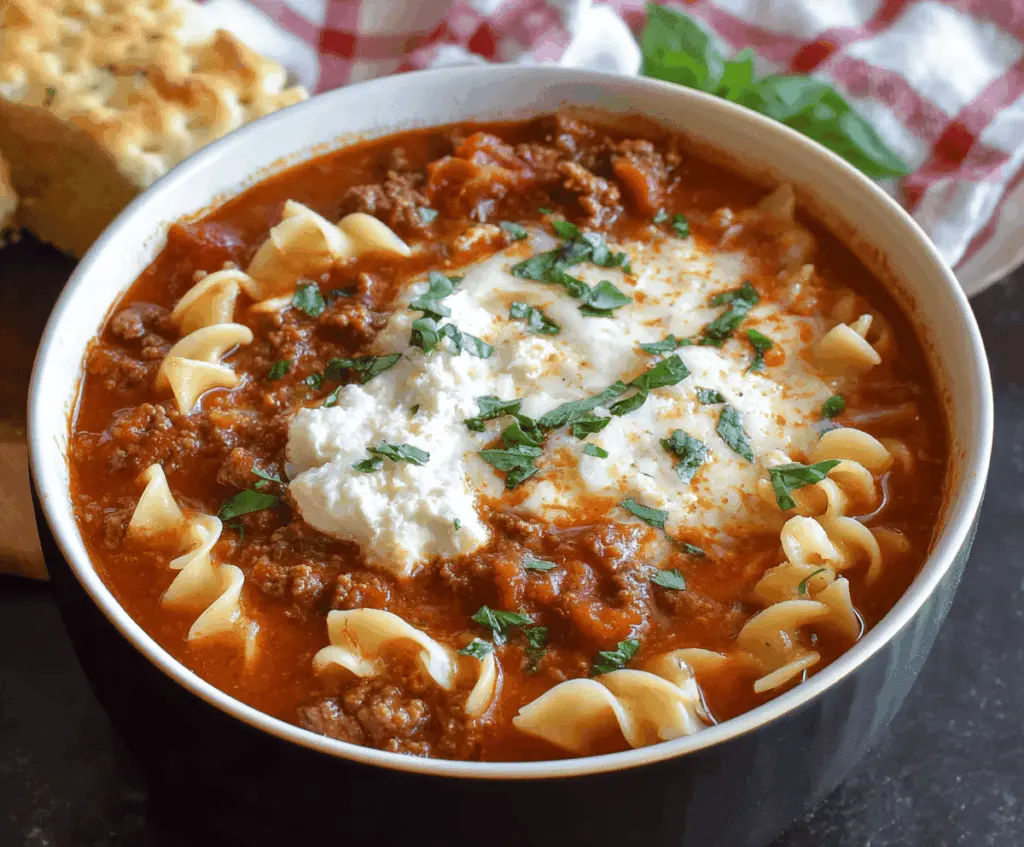 Creamy cheesy ground beef lasagna soup with melted cheese, pasta, and savory beef, served in a bowl topped with fresh herbs