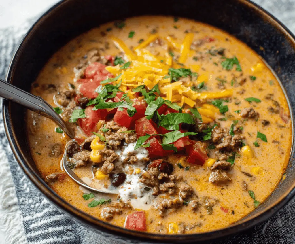 A bowl of cheesy ground beef taco soup garnished with shredded cheese, chopped cilantro, and lime wedges, showcasing a hearty and flavorful Tex-Mex soup.