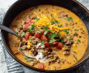 A bowl of cheesy ground beef taco soup garnished with shredded cheese, chopped cilantro, and lime wedges, showcasing a hearty and flavorful Tex-Mex soup.