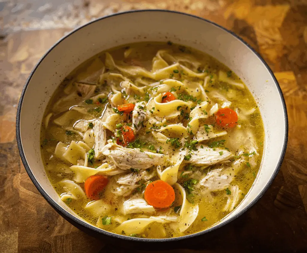 A steaming bowl of homemade chicken noodle soup with tender chicken, vibrant vegetables, and soft noodles garnished with fresh herbs.