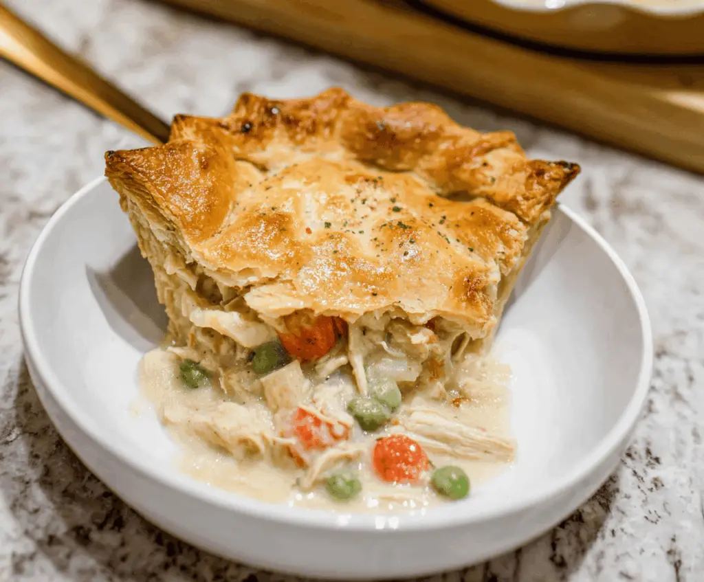 Delicious homemade chicken pot pie with golden crust, filled with tender chicken, vegetables, and savory gravy, served hot on a plate.
