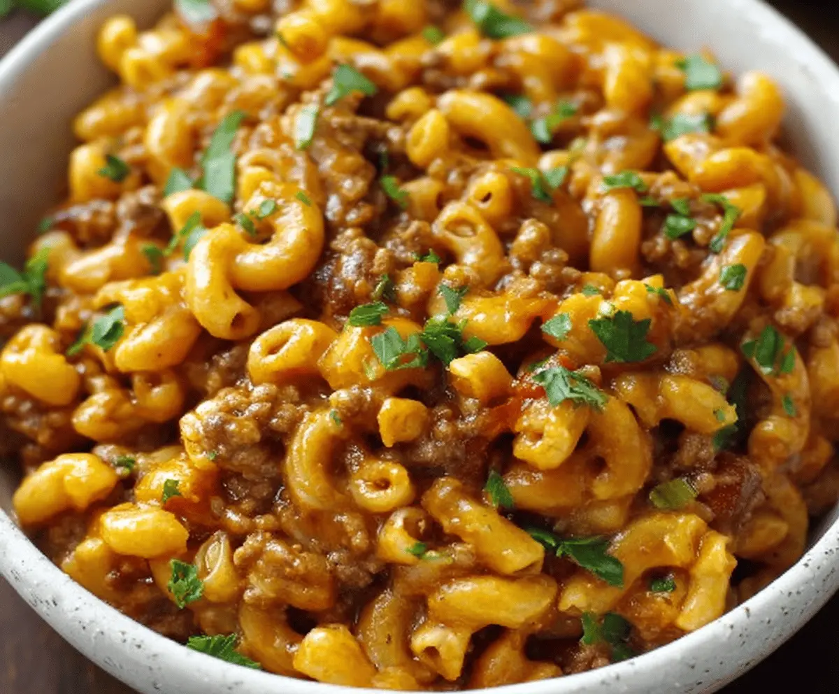 Delicious homemade chili mac dish featuring pasta, seasoned chili, and melted cheese served in a bowl