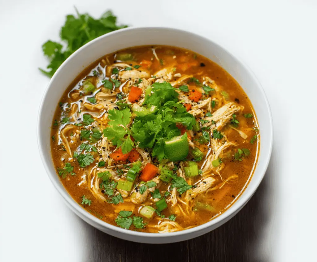 A steaming bowl of chipotle chicken noodle soup garnished with fresh herbs and vegetables, showcasing tender chicken, noodles, and smoky chipotle flavor in a savory broth.