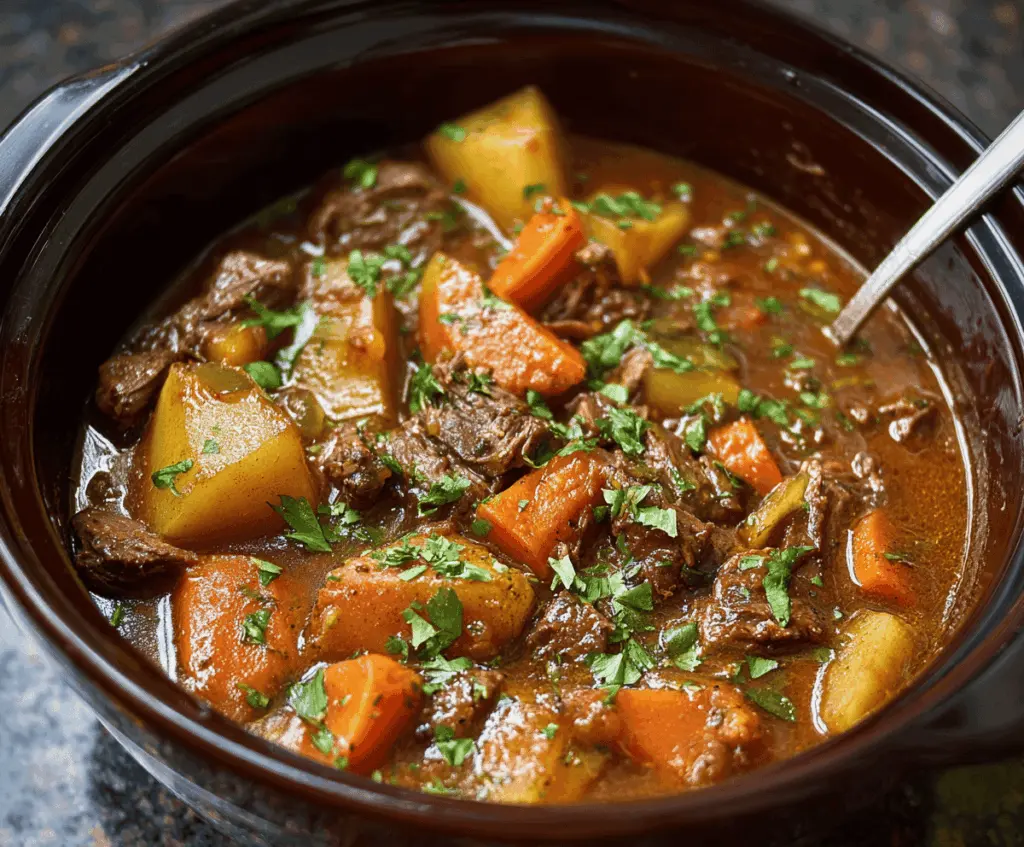 A hearty bowl of comforting crockpot beef stew with tender beef chunks, potatoes, carrots, and peas in a savory broth, served in a rustic bowl.