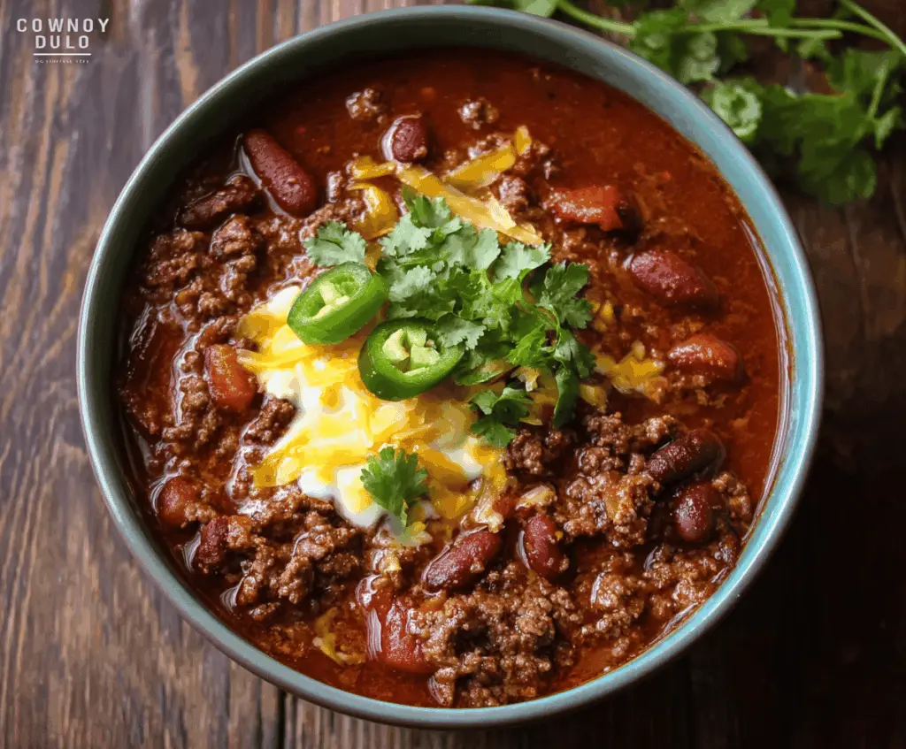 Hearty bowl of Cowboy Chili topped with shredded cheese and fresh cilantro, served in a rustic bowl with cornbread on the side.