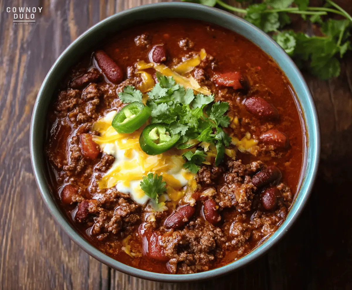 Hearty bowl of Cowboy Chili topped with shredded cheese and fresh cilantro, served in a rustic bowl with cornbread on the side.
