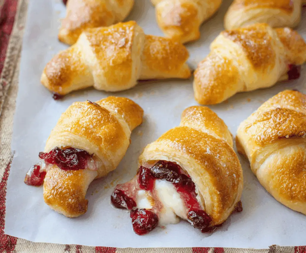 Delicious homemade cranberry cream cheese crescent rolls topped with fresh cranberries and powdered sugar, perfect for holiday treats.