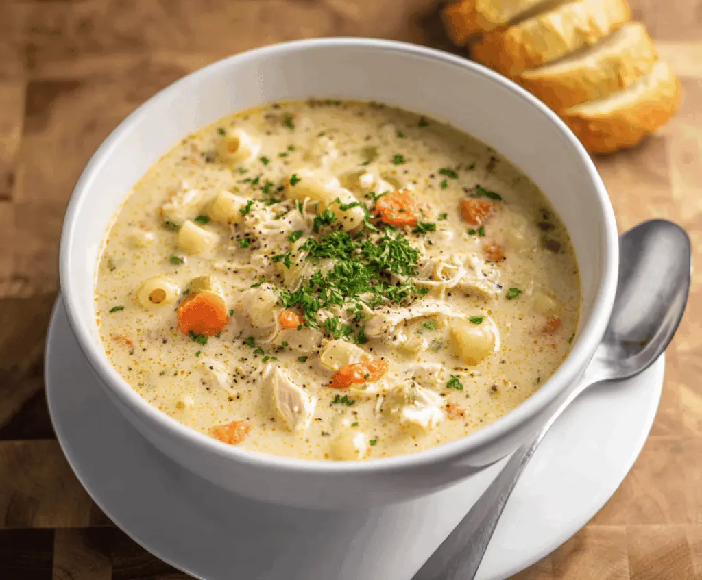 Creamy Chicken Maryland Soup in a bowl with tender chicken, vegetables, and herbs, garnished with fresh herbs, served hot with bread on the side