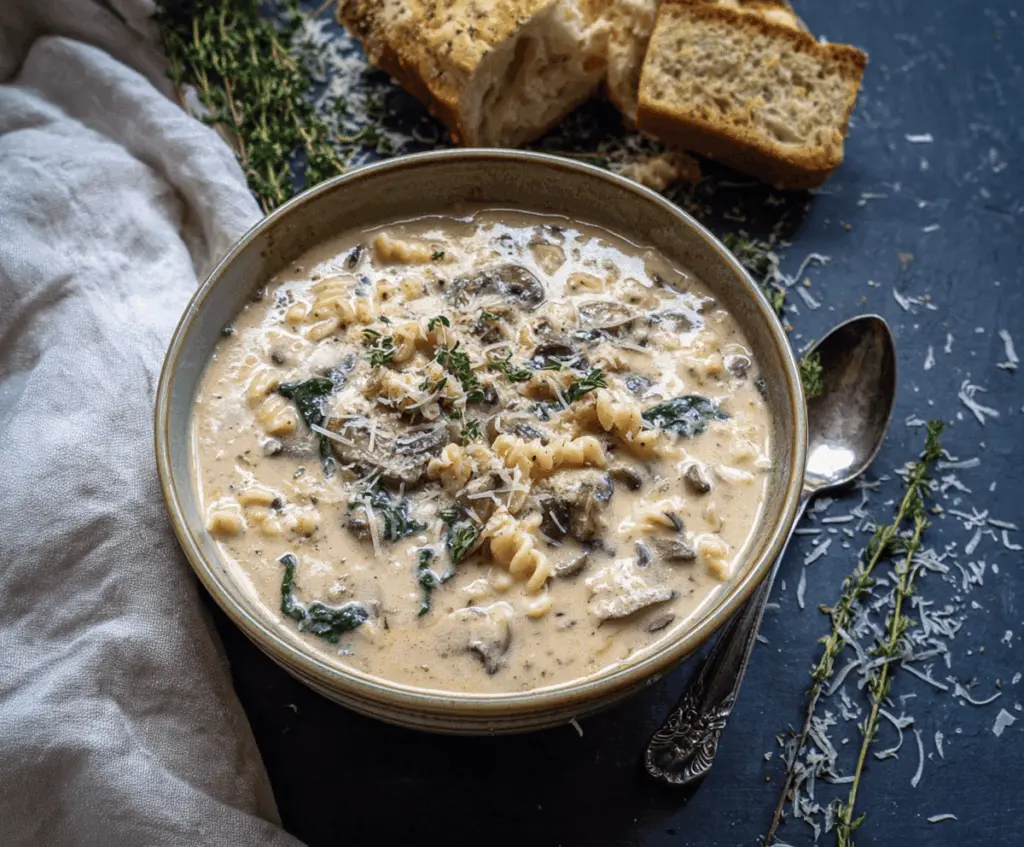 Creamy Mushroom Lasagna Soup in a bowl topped with melted cheese, fresh herbs, and sliced mushrooms, served steaming hot.