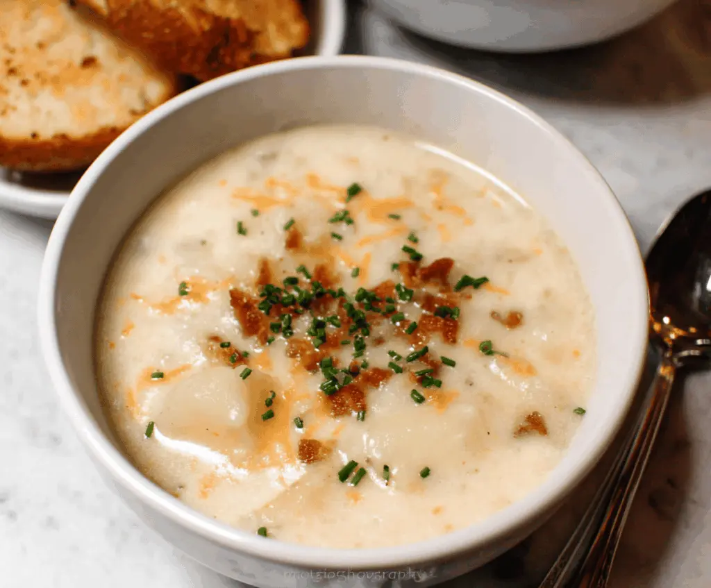 Creamy Potato Soup served in a bowl with fresh herbs and crispy bacon garnish, topped with a sprinkle of black pepper