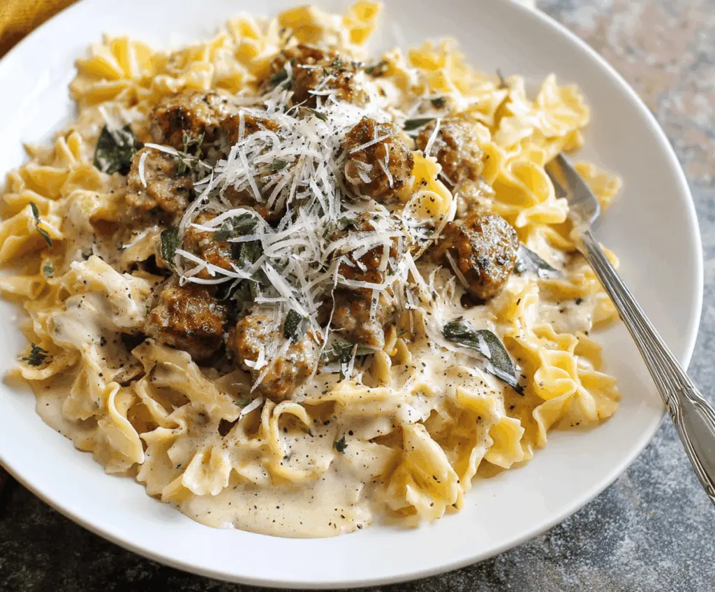 Creamy sausage Alfredo pasta dish topped with freshly grated Parmesan cheese and chopped parsley, served in a white bowl for a delicious comfort meal.