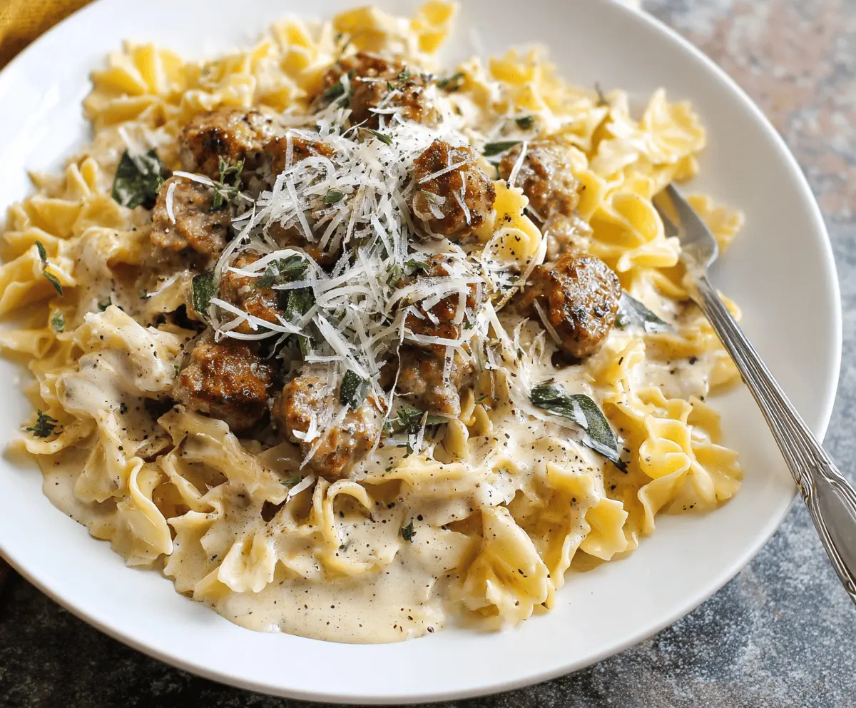 Creamy sausage Alfredo pasta dish topped with freshly grated Parmesan cheese and chopped parsley, served in a white bowl for a delicious comfort meal.
