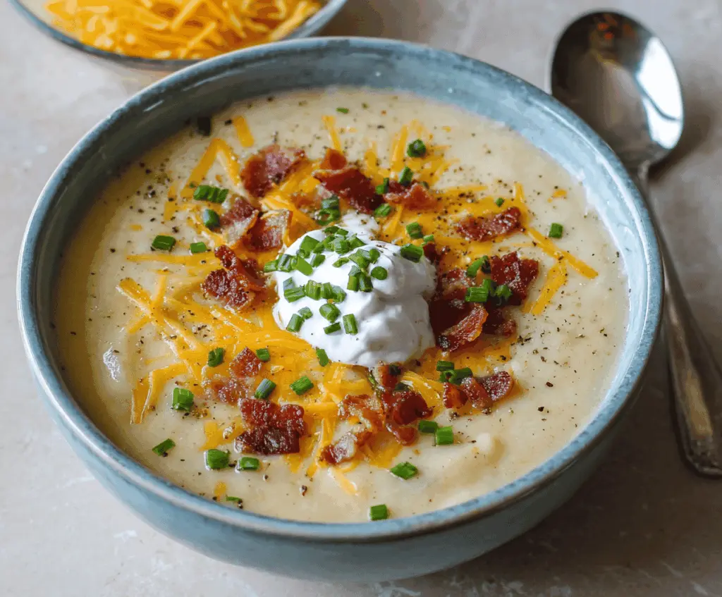 Creamy crockpot baked potato soup with melted cheese, crispy bacon, and fresh green onions in a white bowl on a rustic wooden table