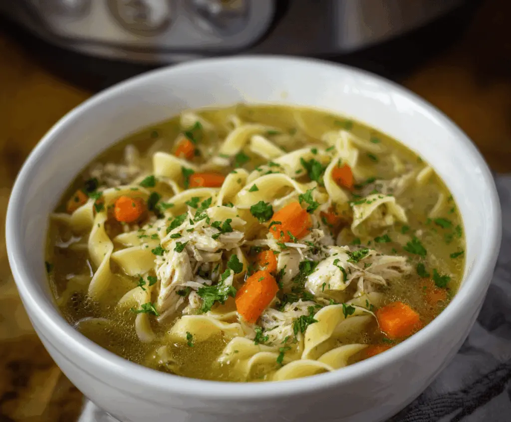 Creamy and hearty Crockpot Chicken Noodle Soup in a bowl, featuring tender chicken, noodles, vegetables, and herbs for a comforting meal