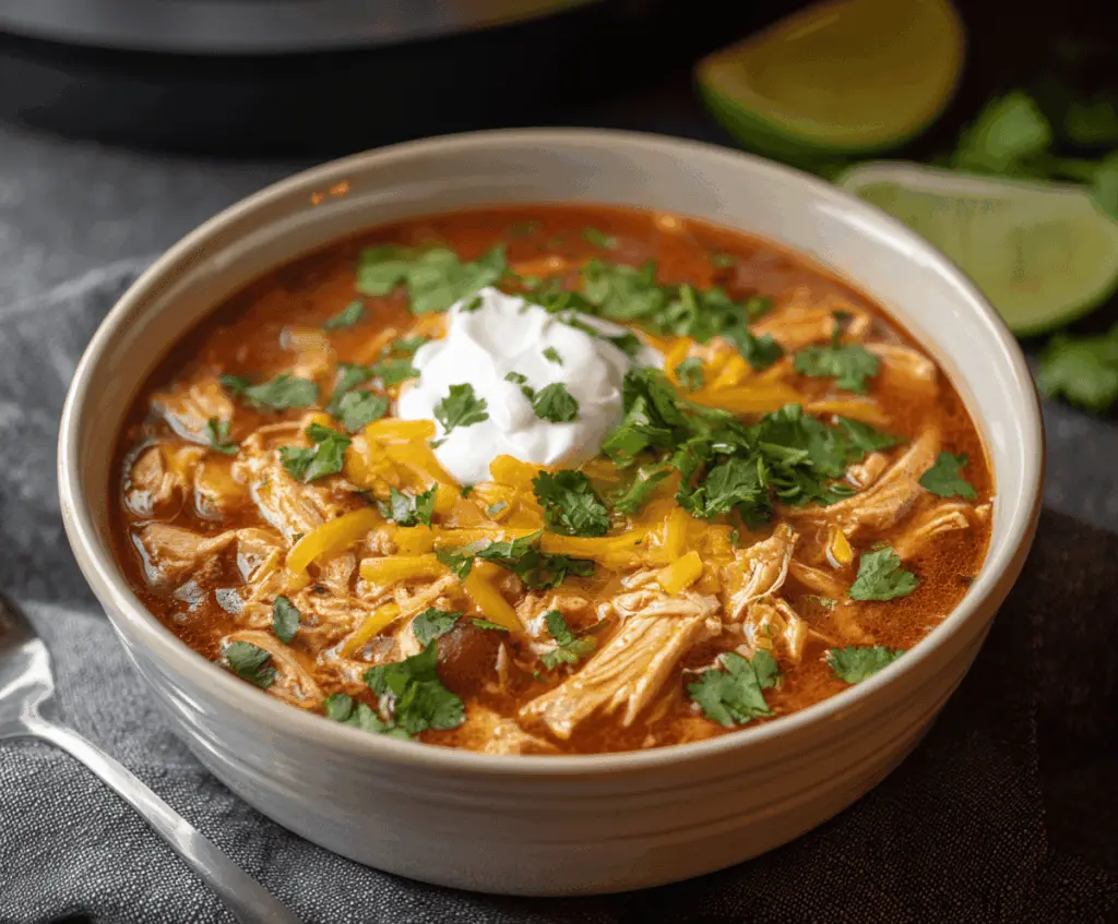 Creamy Crockpot Keto Chicken Taco Soup in a bowl topped with shredded cheese, fresh cilantro, and lime wedges, perfect for low-carb taco night