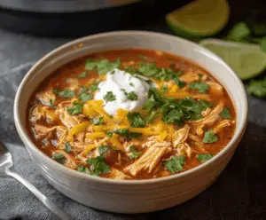 Creamy Crockpot Keto Chicken Taco Soup in a bowl topped with shredded cheese, fresh cilantro, and lime wedges, perfect for low-carb taco night