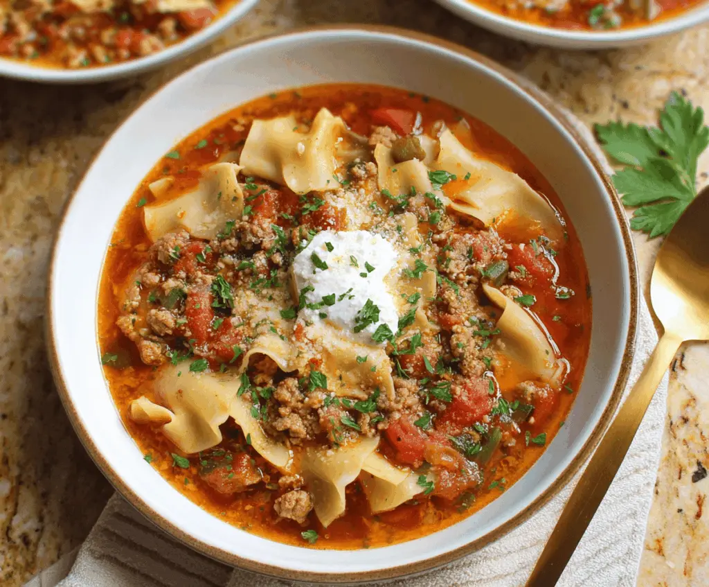 Delicious dairy-free lasagna soup with layers of tomato, herbs, and plant-based cheese, served in a bowl for a comforting, dairy-free Italian meal