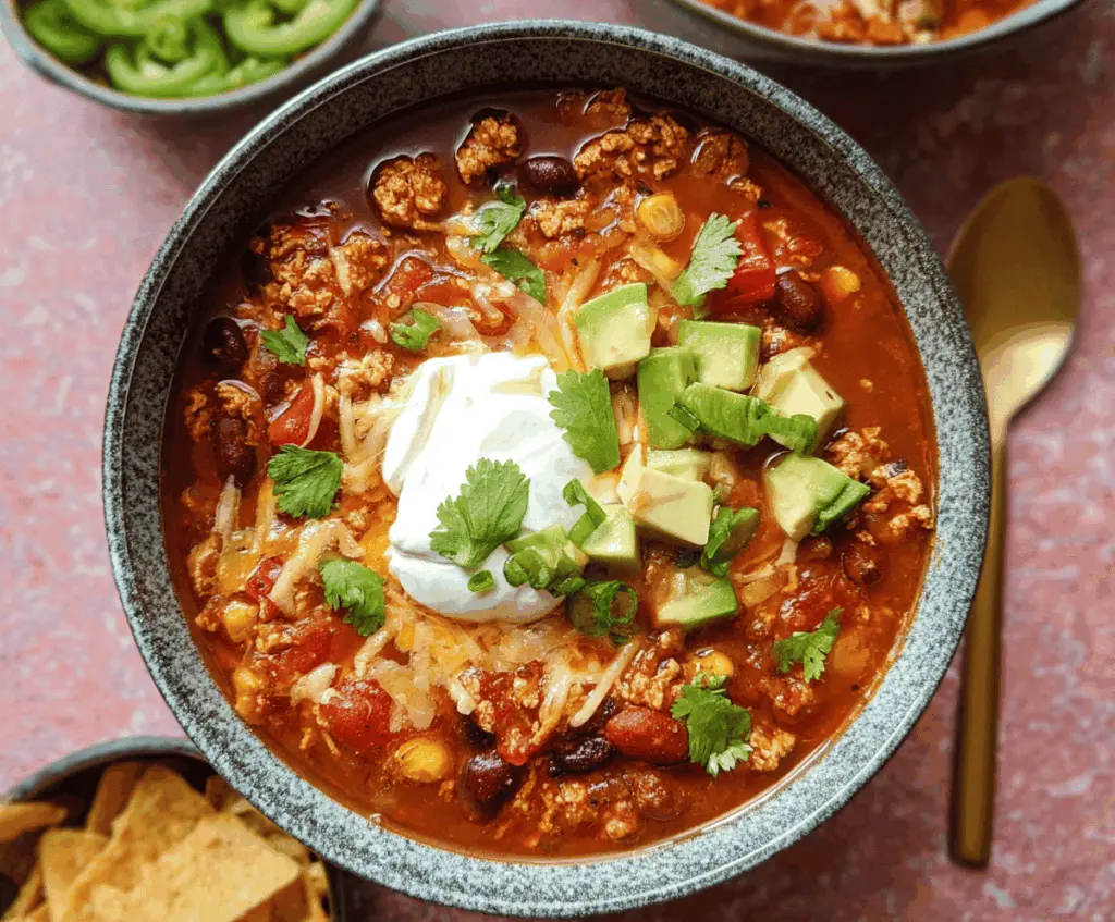 Spicy Enchilada Chili in a bowl with melted cheese and fresh herbs, served with tortilla chips