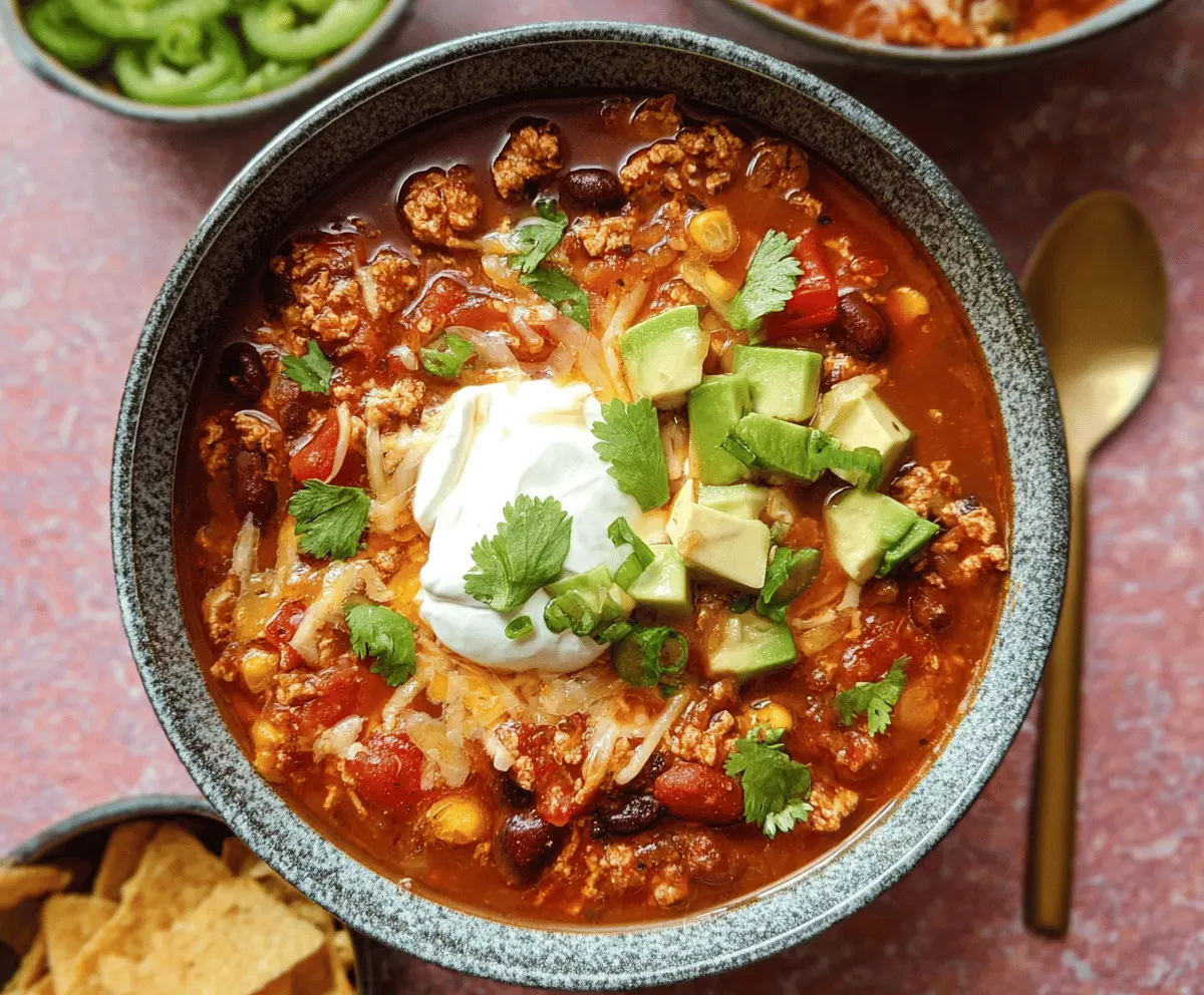 Spicy Enchilada Chili in a bowl with melted cheese and fresh herbs, served with tortilla chips