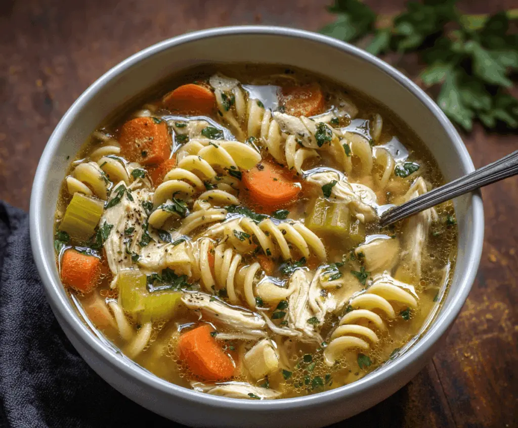 A steaming bowl of Garlic Herb Chicken Noodle Soup featuring tender chicken, fresh herbs, noodles, and vegetables, perfect for comforting and hearty meals.